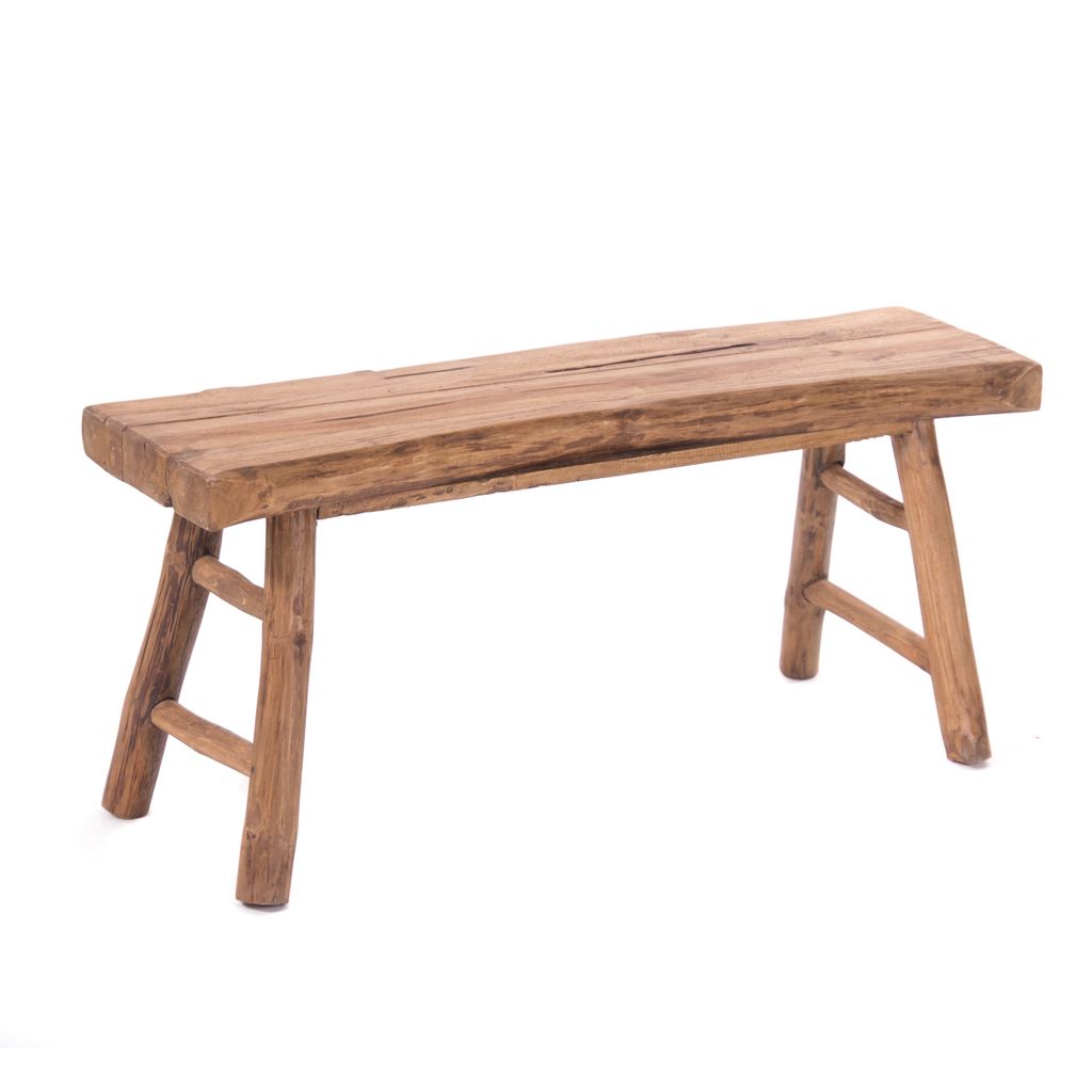 A wooden bench on a white background.