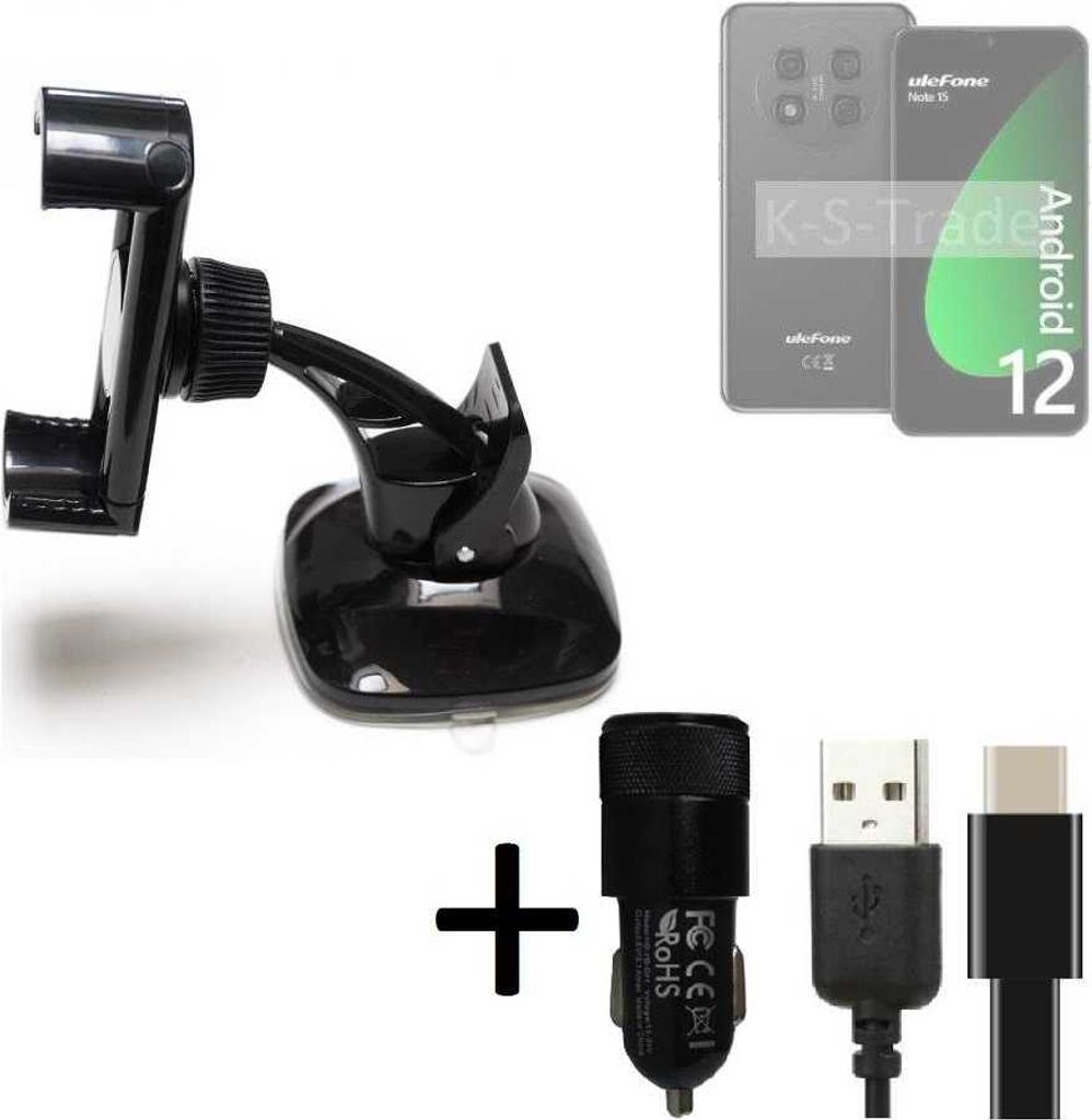 K-S-Trade Handy-Halterung kompatibel mit Ulefone Note 15 Windschutzscheibe / Armaturenbrett + LADEGERÄT mit Mico USB Kabel Autohalterung