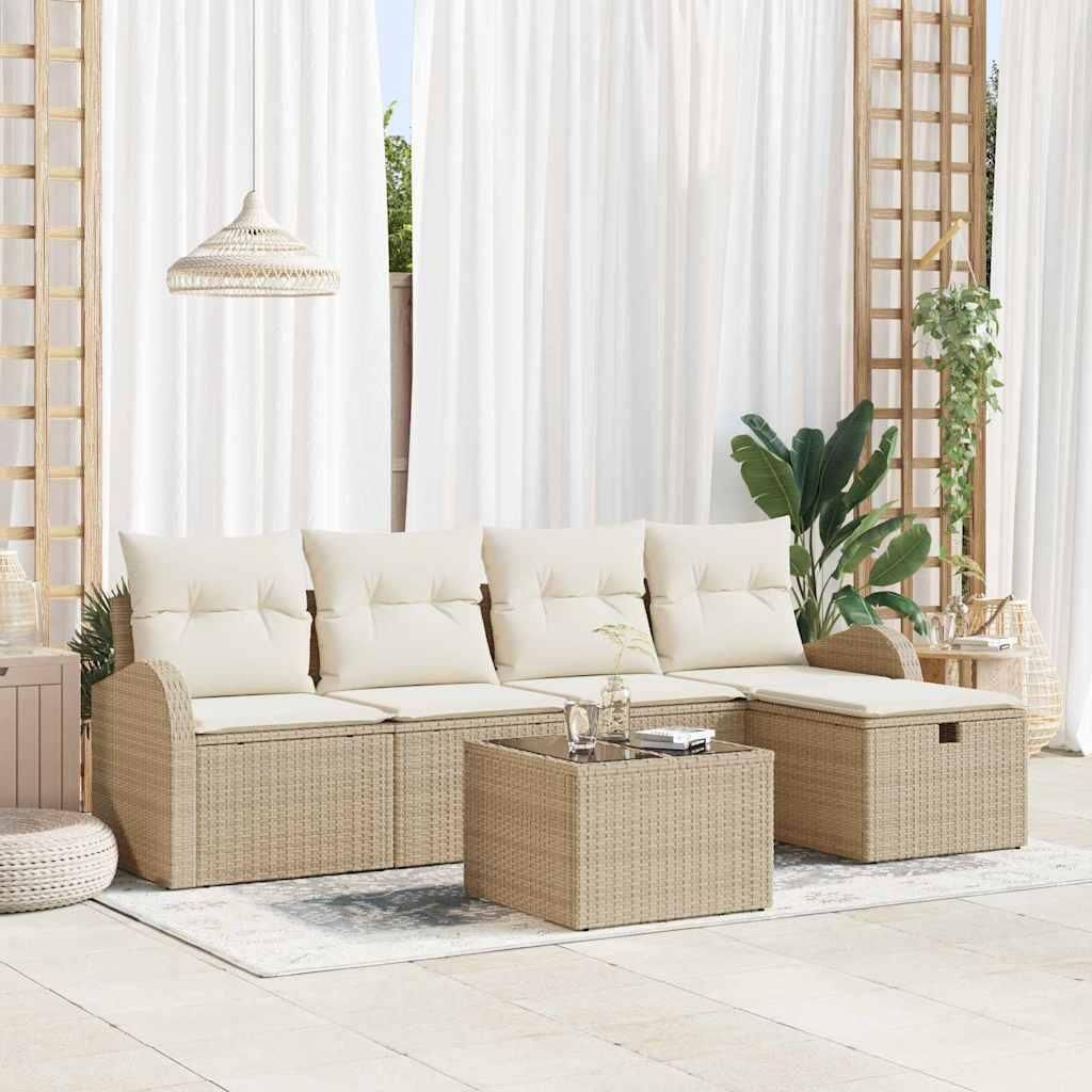 "2026 Promotion" Garten-Sofa-Set - Balkonmöbel - mit Kissen - mit Speicher 6 pcs - Beige Poly Rattan - Gartenmöbelset CC19556