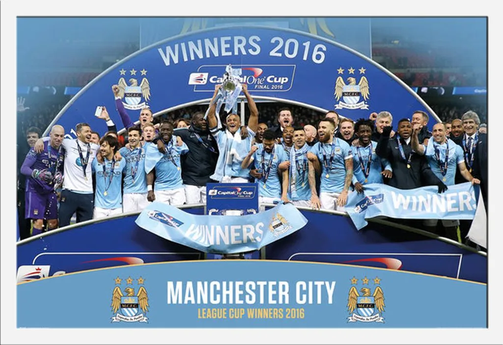 Poster Manchester City League Cup 15/16 avec Cadre Shinsuke Blanc 61x91
