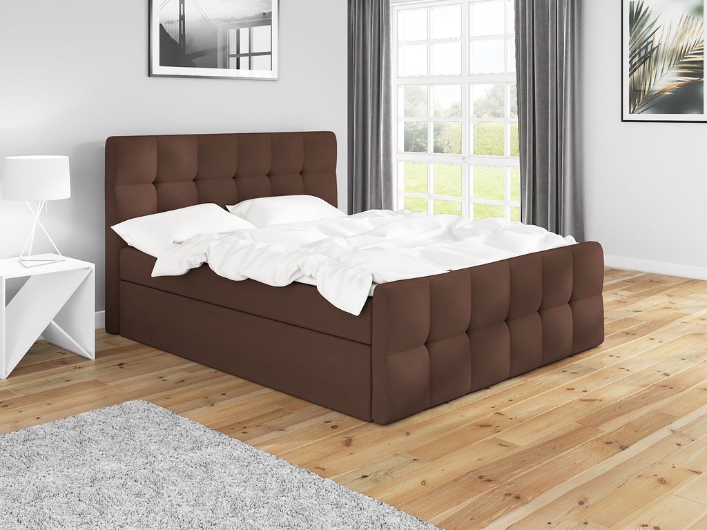 Boxspringbett BERG 140 x 200 mit 2 Bettkästen, Bonell-Matratze und Topper. Farbe: Braun