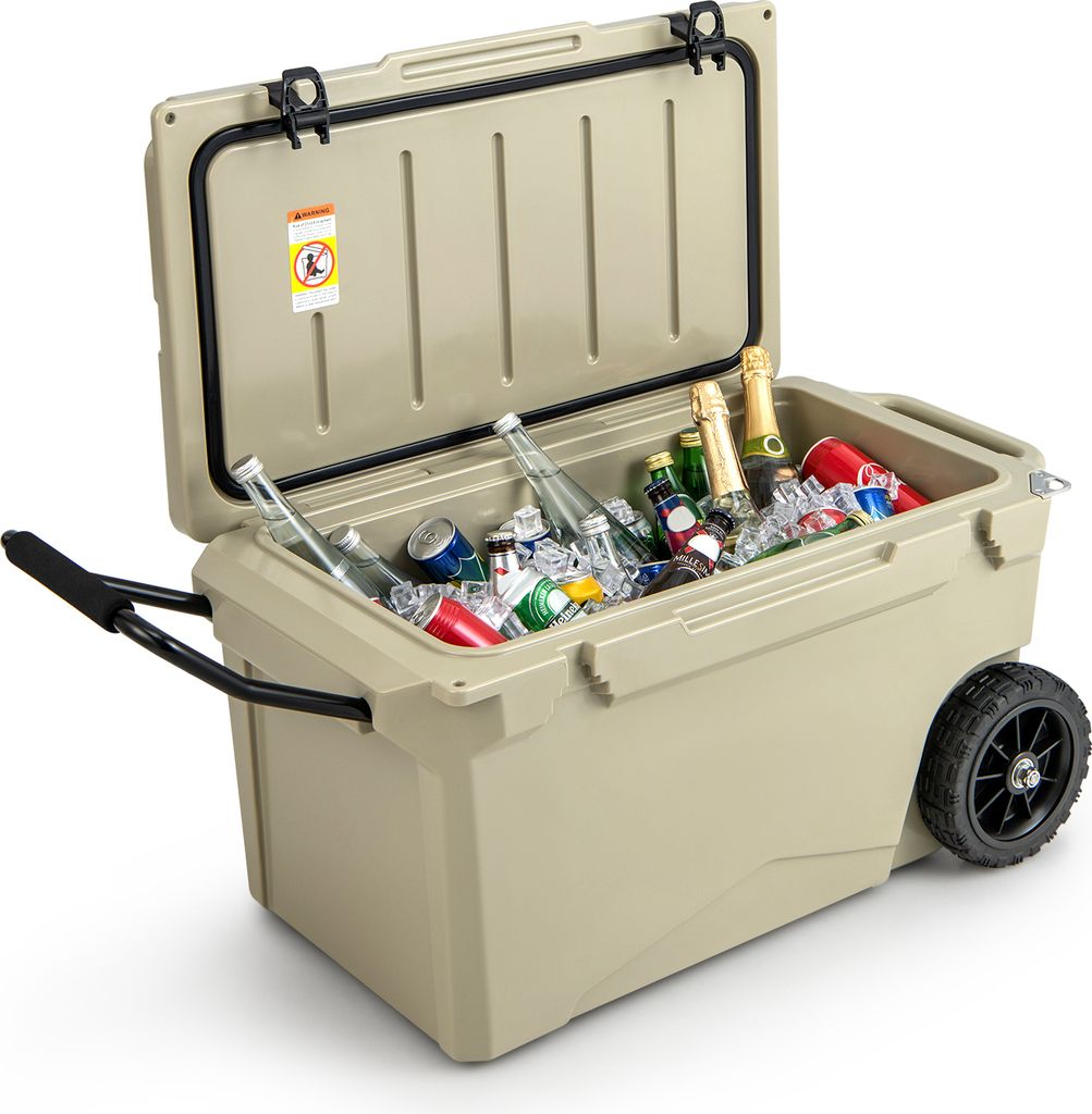 A tan cooler filled with drinks and ice, with the lid open.