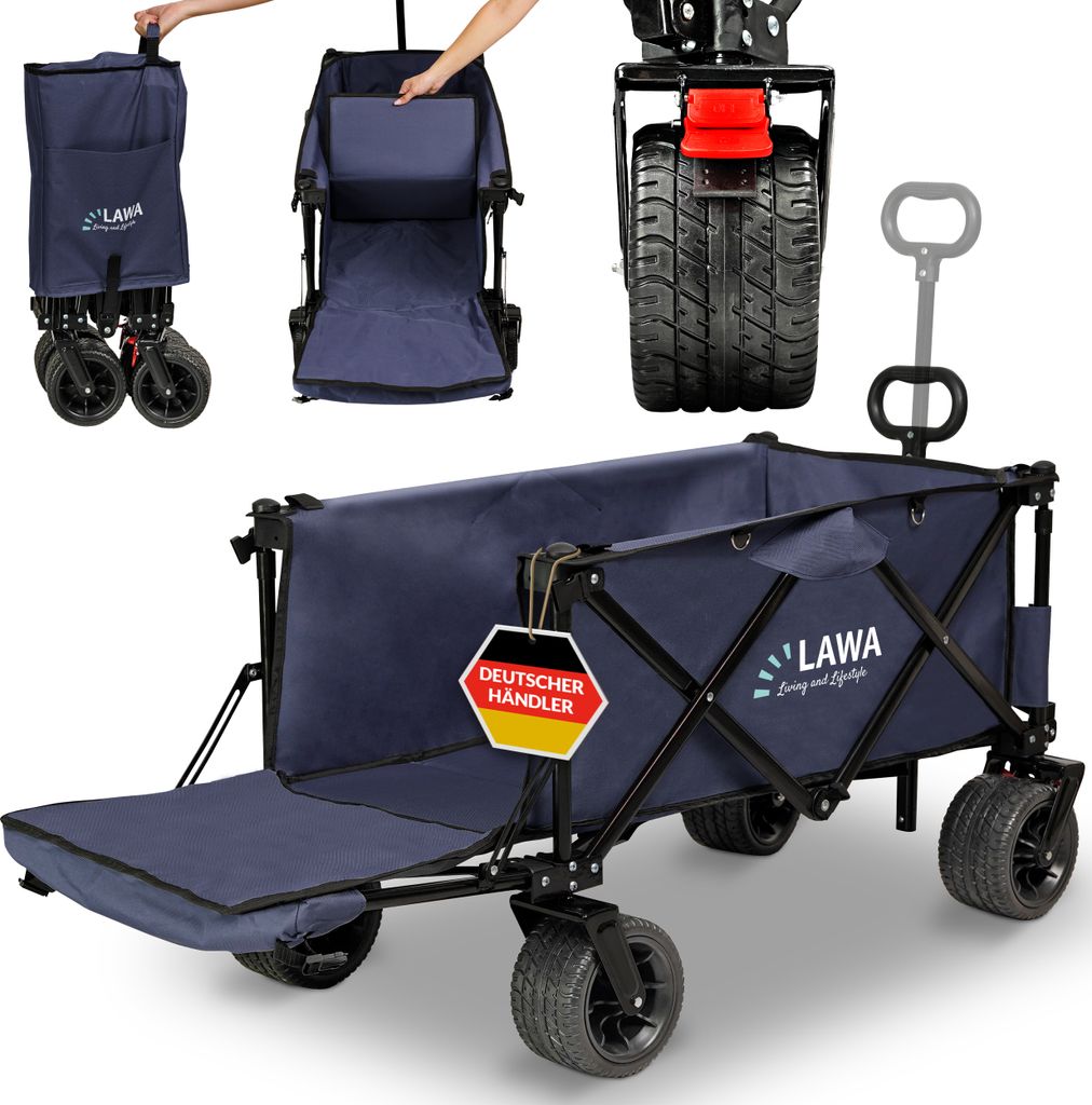 A collage of images showing a blue foldable wagon in different states of use and assembly, along with close-ups of its features and a German dealer badge.