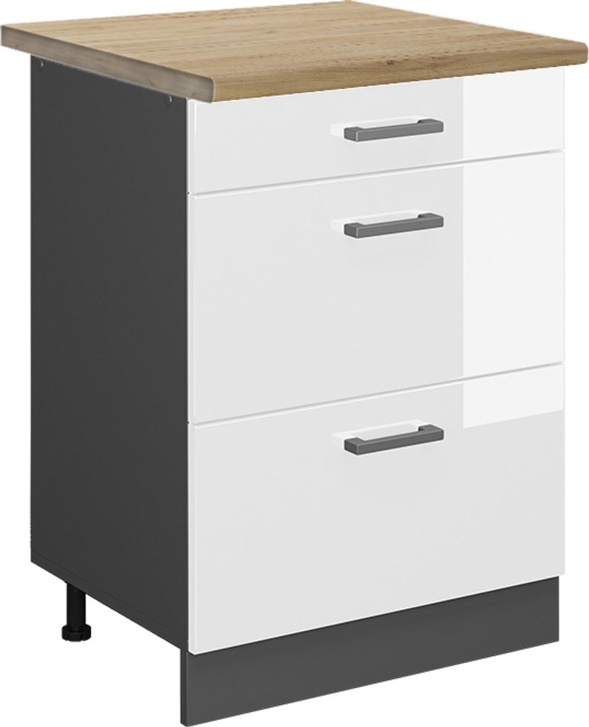 Küchenunterschrank Vicco R-Line Weiß Hochglanz 60 cm mit Schubladen, AP Eiche, Model 46877