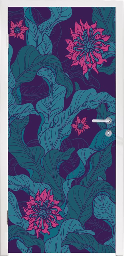 MuchoWow Türtapete Selbstklebende Türfolie Eine Illustration eines Blumenmusters mit lila Blumen 90x235 cm Türposter Türaufkleber Klebefolie ...