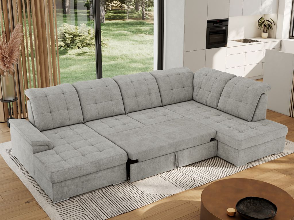 MKS MEBLE Ecksofa Wohnlandschaft U-Form, Sofa mit Schlaffunktion, Schlafsofa mit bettkasten, Couch mit Schlaffunktion - Hellgrau Struktur - Madrito...