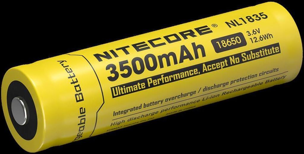 A yellow Nitecore 18650 rechargeable battery with black text and markings, set against a black background.