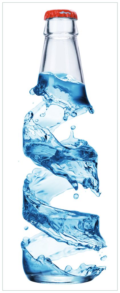 Wallario Premium Glasbild, freischwebende Optik, kräftige Farben, Größe 125 x 50 cm Motiv Strudel in der Wasserflasche