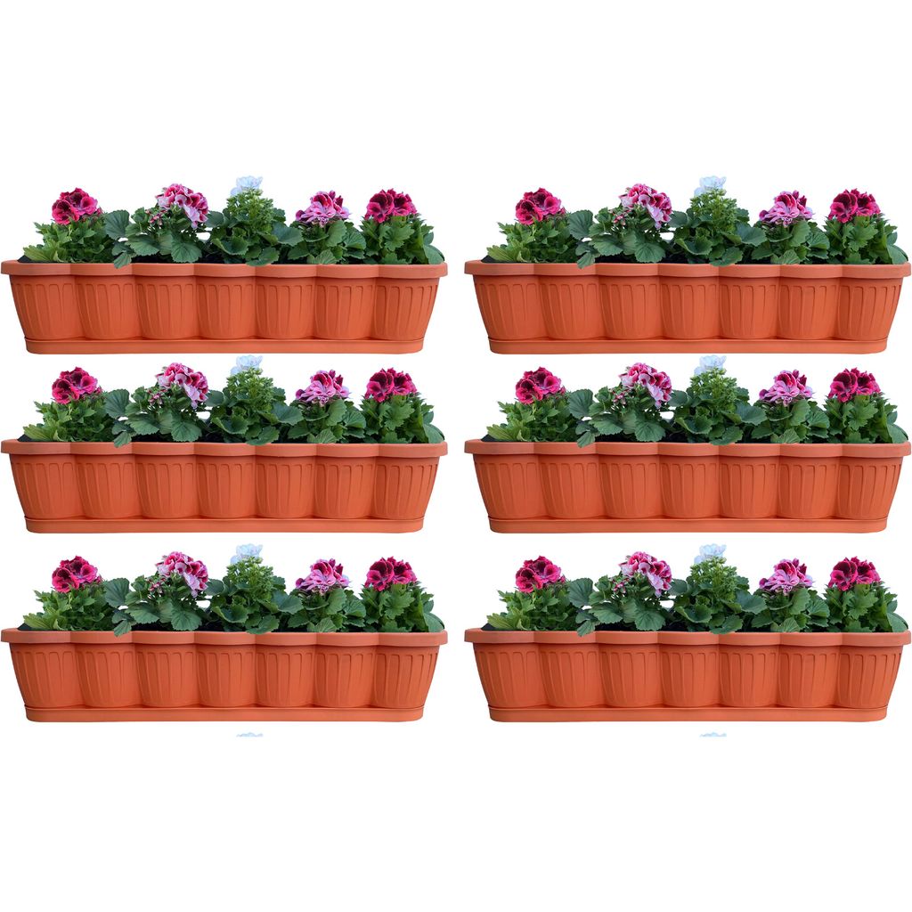 6er Set 80cm Blumenkasten Balkonkasten Pflanzkasten Terracotta im Wellendesign inkl. passenden Bewässerungsuntersetzer