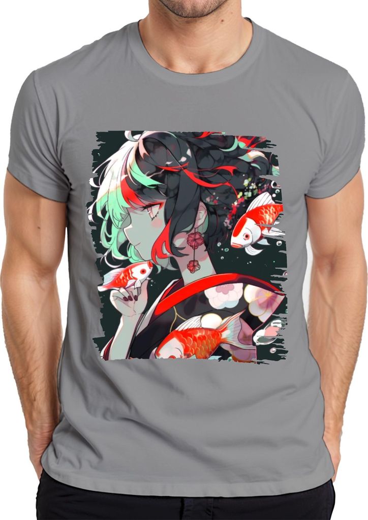 Anime Mädchen im Kimono Koi Karpfen Japanische Kunst Illustration Herren T-Shirt, Grau, 3XL