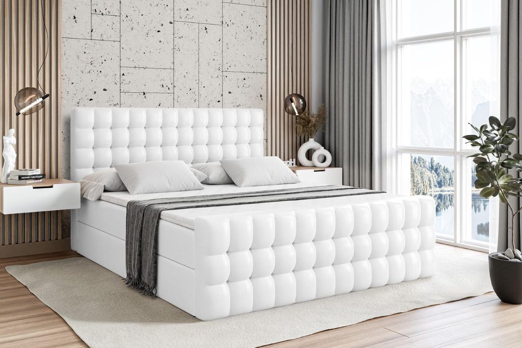 ALTDECOR Boxspringbett mit Matratze und Lattenrost - VIONE -Z - 200x200 cm - Weiß Kunstleder - Boxbett, Fußteil, Topper, Polsterbett mit Bettkast...