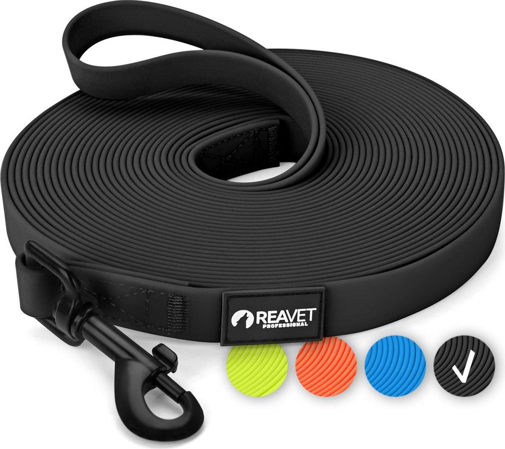 REAVET Schleppleine für Hunde 10 Meter, Schwarz I Robuste & wasserfeste Hundeleine lang I Übungsleine mit Gepolsterten Griff, Trainingsleine Lauf...