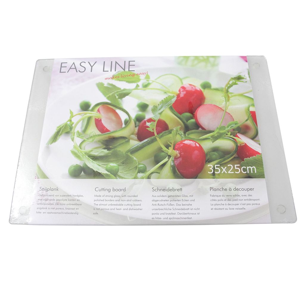 A clear plastic cutting board with a printed image of a salad on it, displayed on a white background.