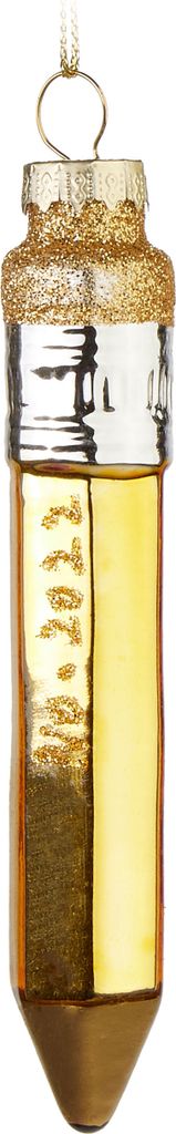 A glass Christmas ornament shaped like a pencil, with gold glitter and a metallic finish.