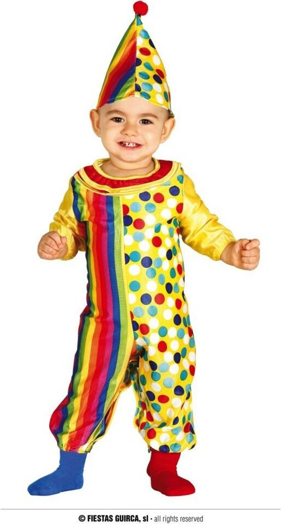 A baby wearing a clown costume.