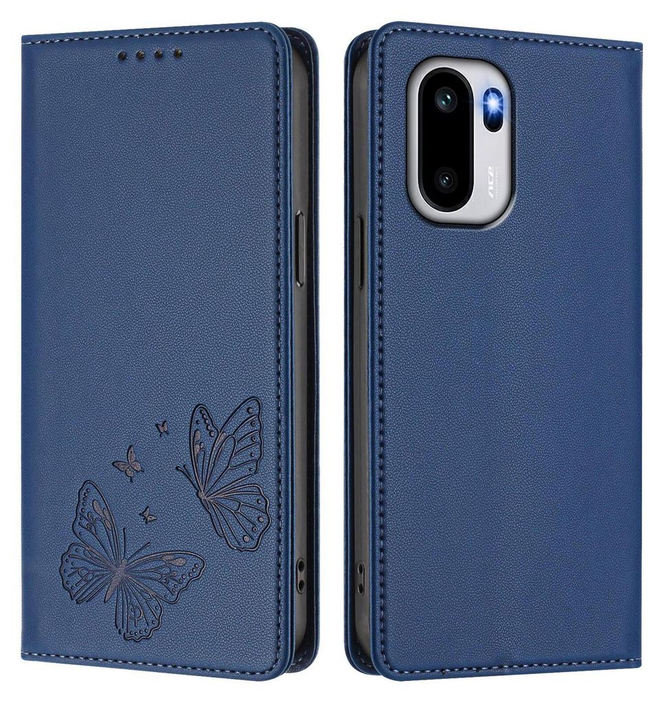 Lederhülle für OnePlus Ace 6T / Ace 6, Schmetterling Prägung Leder Brieftasche Schutzhülle mit Ständer Dunkelblau