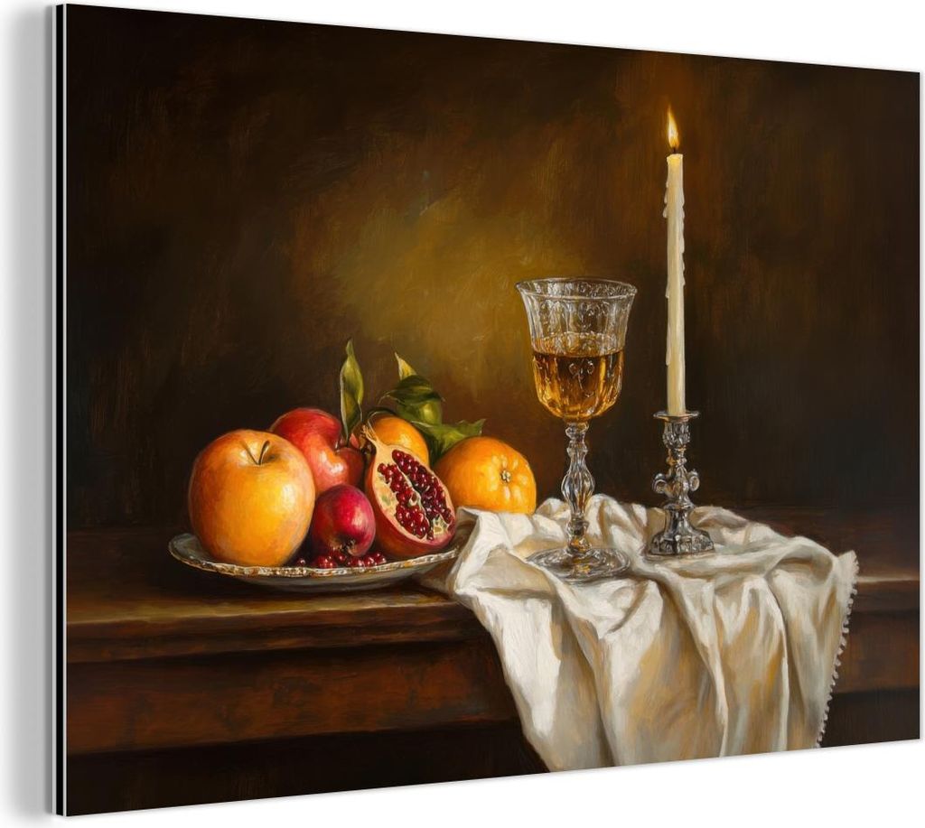 MuchoWow Wanddekoration Metall Metallbild Wandkunst 120x80 cm Obst - Stilleben - Wein - Kerze MuchoWow Aluminium Gemälde - Alu Bild