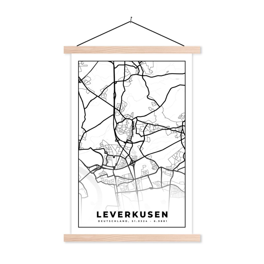 MuchoWow Textilposter Karte - Leverkusen - Karte - Stadtplan 60x90 cm mit holzfarbenen Rahmen - Textil