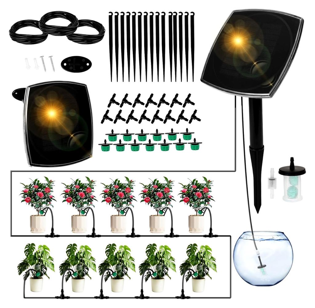 Solar Bewässerungssystem 2025 Tröpfchenbewässerungssystem 15M Schlauch Automatisches Gartenbewässerungssystem für Balkon- und Topfpflanzen mit...