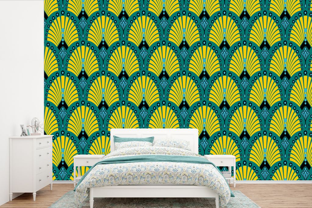 MuchoWow Fototapete für Wohnzimmer oder Schlafzimmer Wandtapete Vinyl Motivtapete Art Deco - Muster - Blau - Gelb - 390x260 cm - Papiertapete