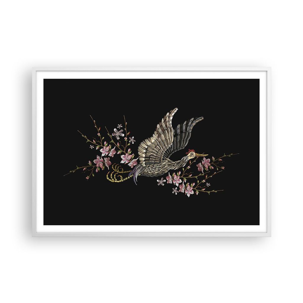 Gerahmtes Poster - Weißer Rahmen - Asiatisch Vogel Blumen - 100x70 cm - Wand Bild - Wanddeko - Wandbilder - Kunstposter - Wandposter - Bilderrahme...