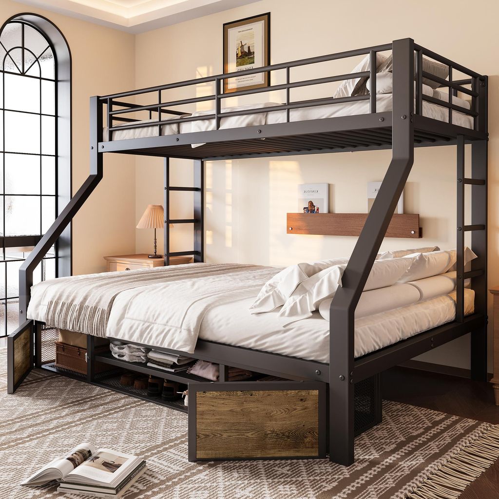A bunk bed with storage underneath, set up in a bedroom with a large window.