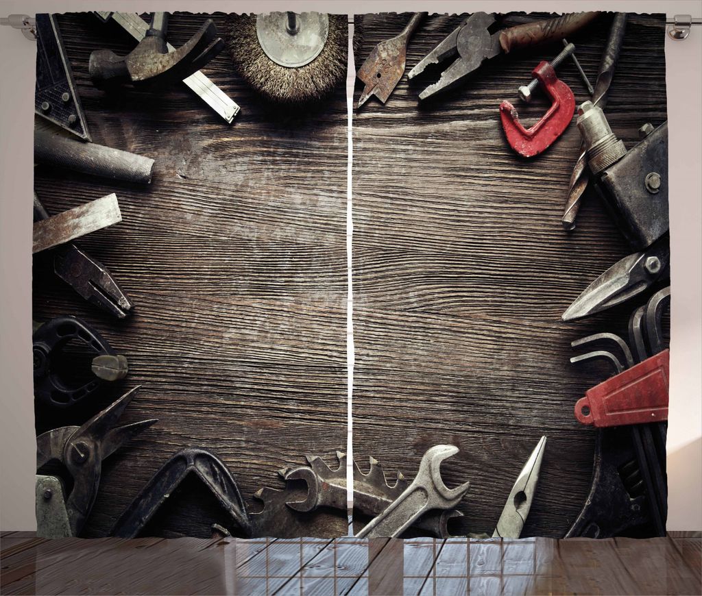 ABAKUHAUS industriell Rustikaler Vorhang, grungy Werkzeuge, Wohnzimmer Universalband Gardinen mit Schlaufen und Haken, 280 x 245 cm, Braun Grau Rot