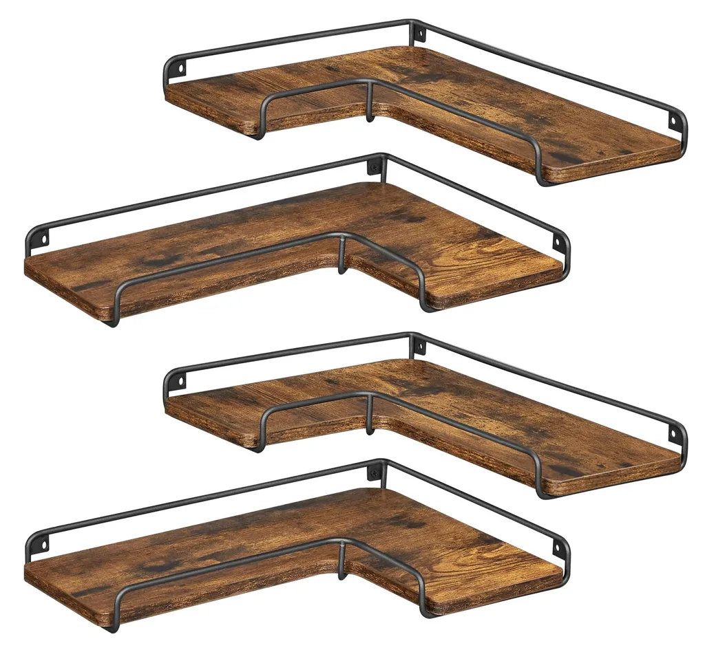 Lot de 4 étagères d'angle industrielles - Rangement mural marron LLS832B01