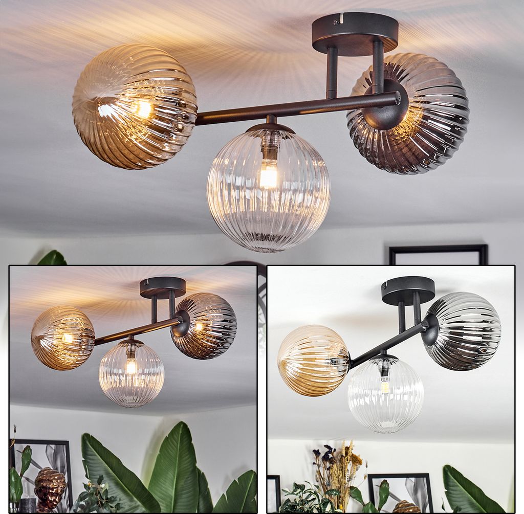 Isorella Deckenlampe aus Metall/Riffelglas in Schwarz/Bernstein/Rauch/Klar