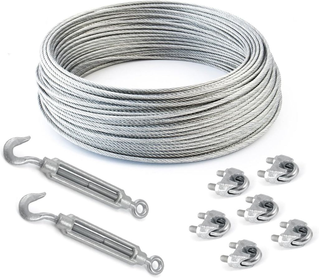 STAHLSEIL + 6 Klemmen + 2 Spannschloss Haken-Ose 10mm 15 Meter 6x37 Seil Seile Drahtseil DIN verzinkt