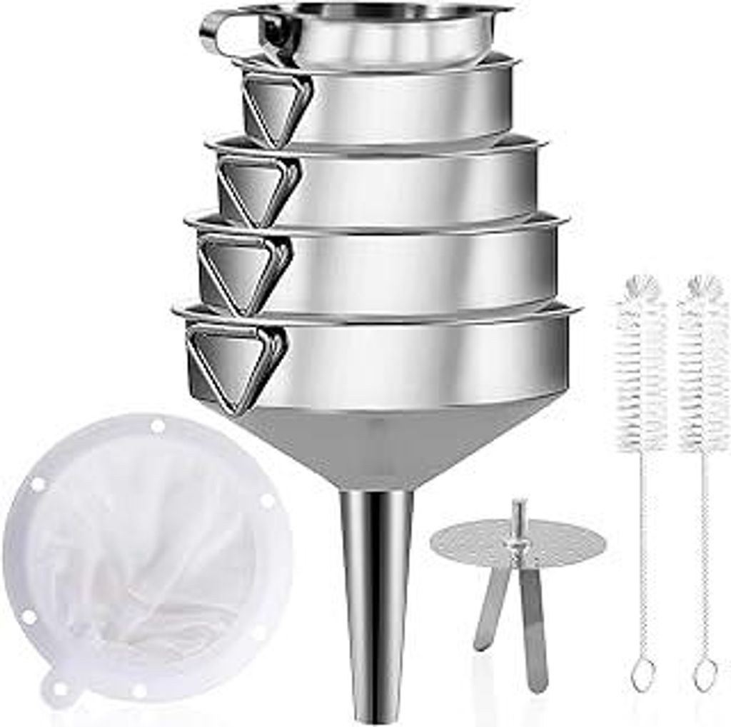 9 Stk Edelstahl Trichter Set, Küche Trichter mit Griff, Marmeladentrichter mit Sieb, 200 Mesh Filter, Reinigungsbürste, Einfülltrichter zum Übe...