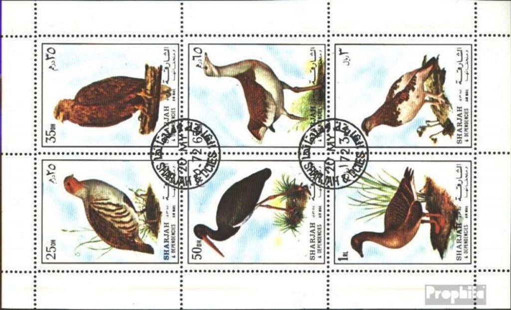 Briefmarken Sharjah 1972 Mi 1184-1189 Kleinbogen (kompl.Ausg.) gestempelt Vögel