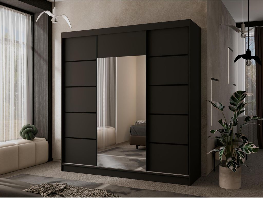 3-türig Garderobenschrank mit Spiegel Almeria modernes Schrank mit 4 Schubladen 200 cm Kleiderschrank mit Schiebetüren, Farbe: Schwarz, Sprossenf...