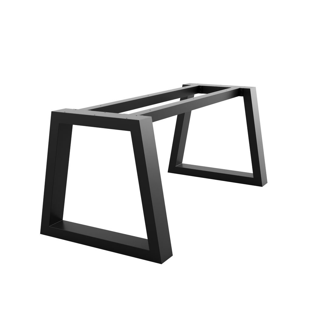 A black metal table base, viewed from a side angle.