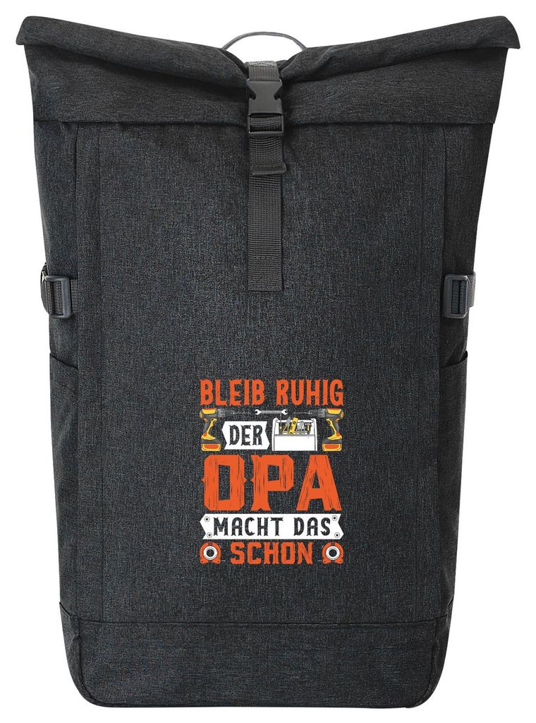 Huuraa Kurierrucksack Bleib ruhig der Opa macht das schon 30-44 Liter Black Melange Fairtrade Rolltop Rucksack Geschenkidee