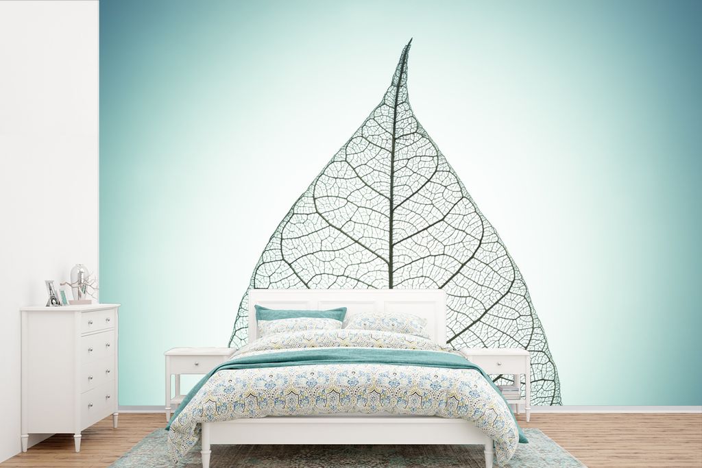 MuchoWow Fototapete für Wohnzimmer oder Schlafzimmer Wandtapete Vinyl Motivtapete Nahaufnahme eines botanischen Blattskeletts mit einem bunten H...