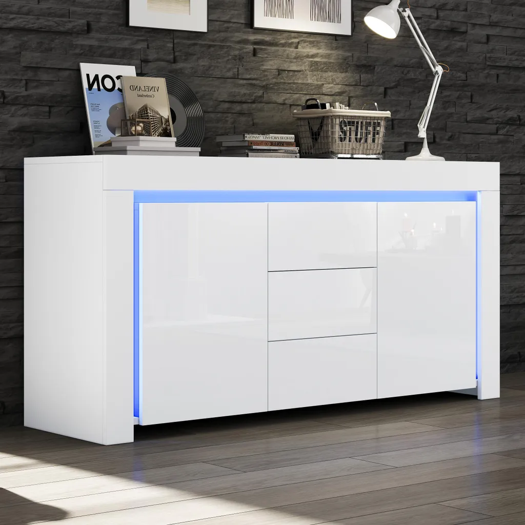 Merax Buffet Blanc Brillant avec LED, Commode 3 Tiroirs et 2 Portes en MDF