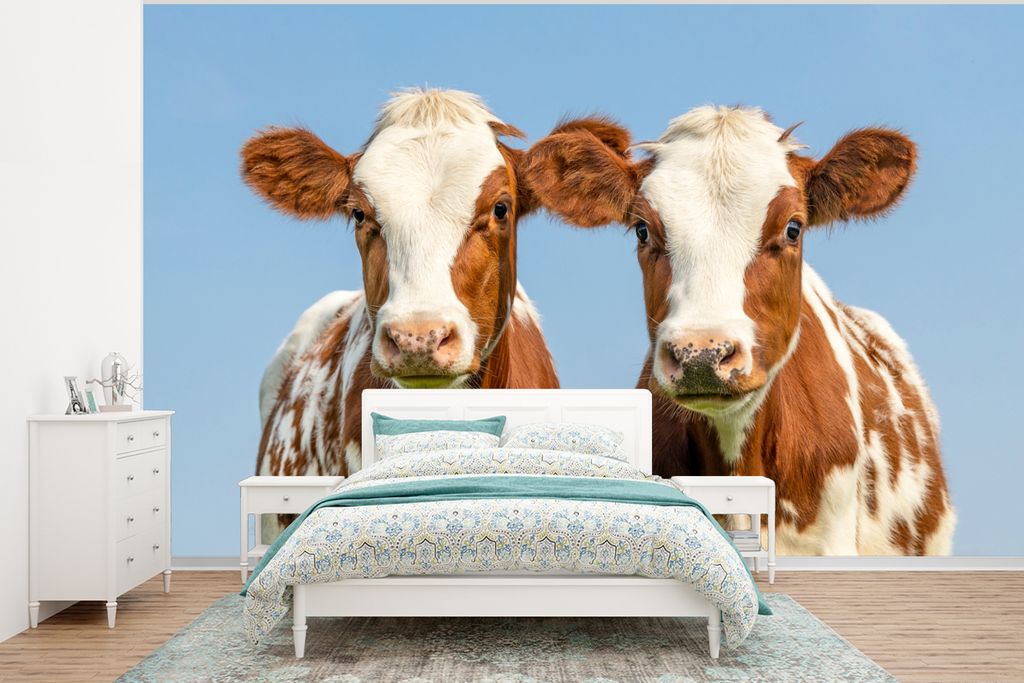 MuchoWow Fototapete für Wohnzimmer oder Schlafzimmer Wandtapete Vinyl Motivtapete Kühe - Himmel - Tiere - Bauernhof - Porträt - 350x260 cm - W...