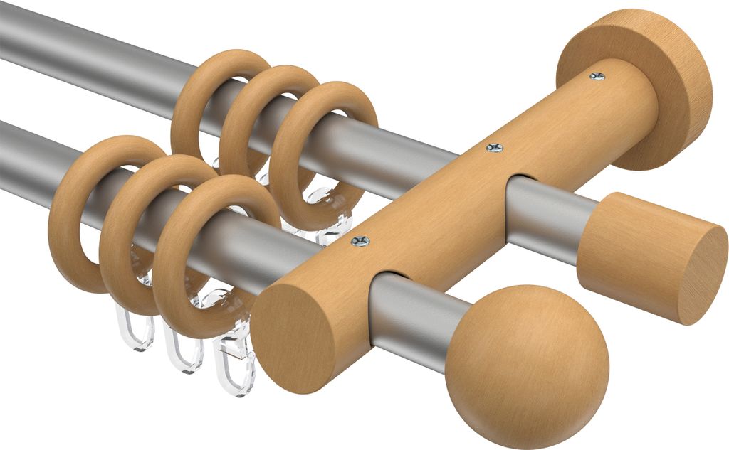 Interdeco Gardinenstange / Vorhangstange Silbergrau / Buche lackiert, Typ Talena Luina (Kugel), 20 mm Ø 2-läufig, 480 cm
