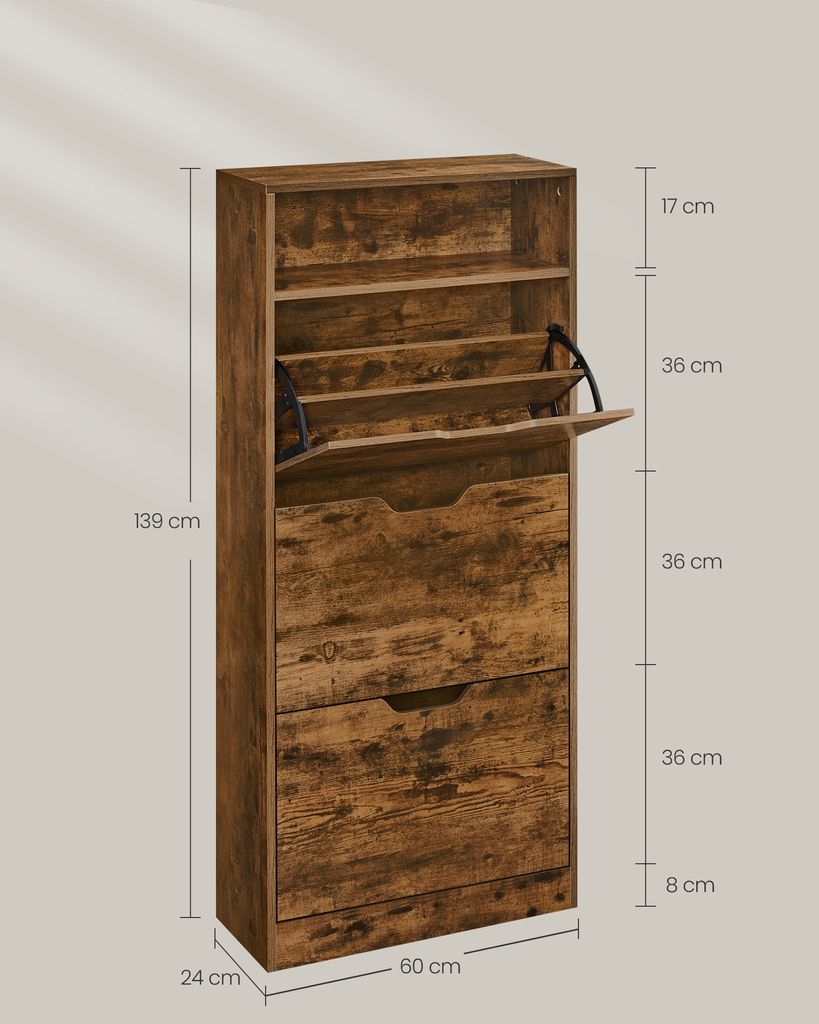A tall, narrow shoe cabinet with multiple shelves and drawers is shown with measurement indicators overlayed.