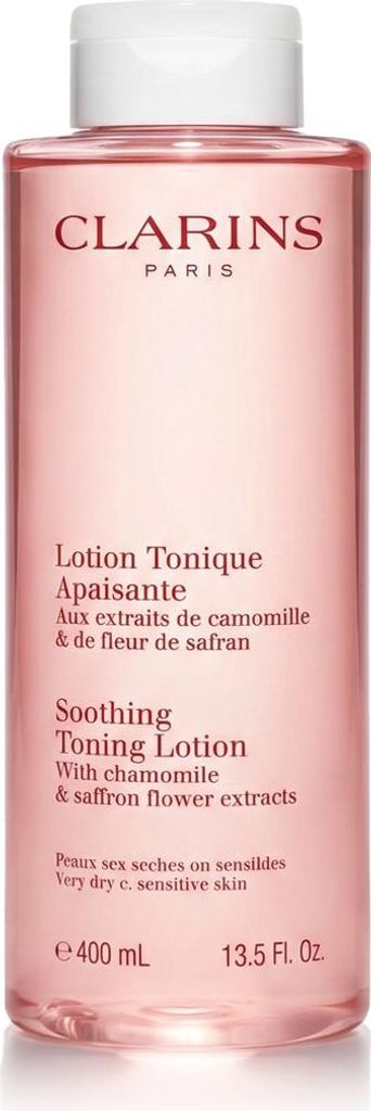 A bottle of Clarins Soothing Toning Lotion is shown against a white background.