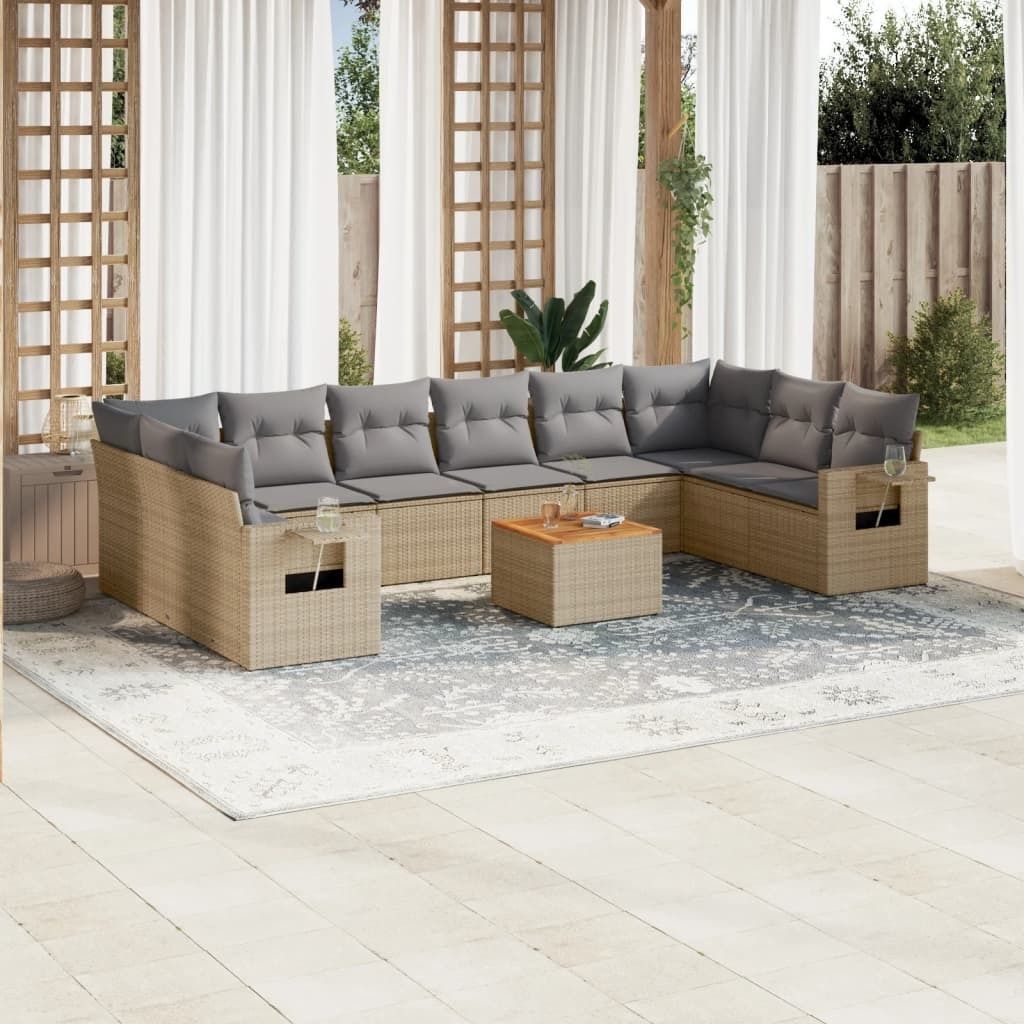Design 11-tlg. Garten-Sofagarnitur mit Kissen Beige Poly Rattan, Gartenmöbel-Sets 2024 Neu