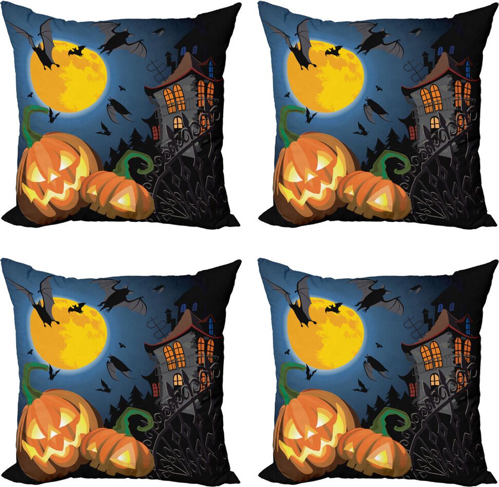 ABAKUHAUS Halloween Kissenbezug Set (4 Stück), Mond-Kürbis, Moderner Doppelseitiger Digitaldruck, 40 cm x 40 cm, Mehrfarbig