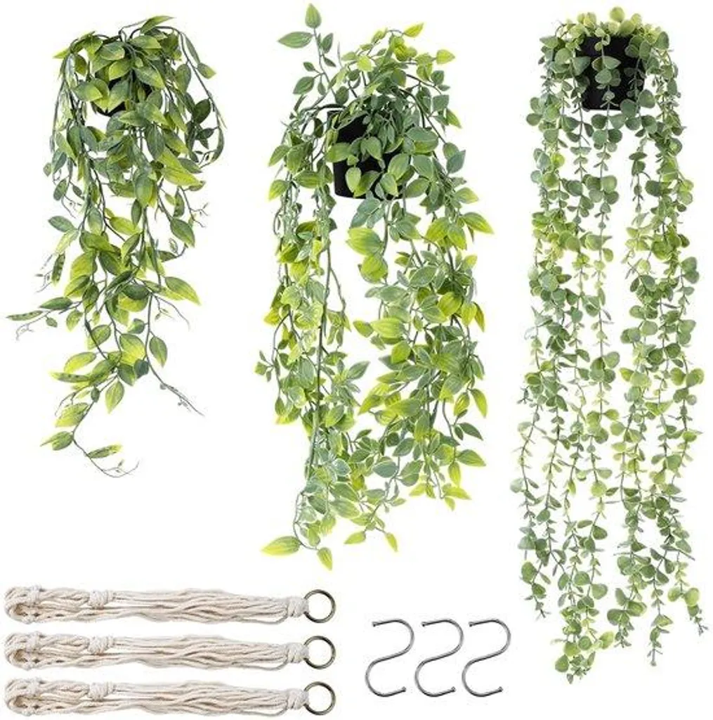 Lot de 3 plantes artificielles murales avec filet et crochets de fixation