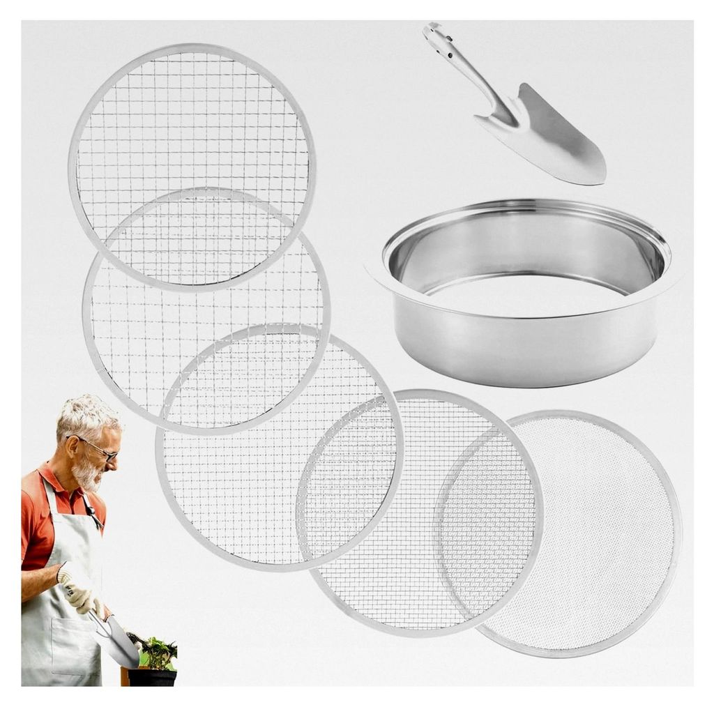 Bodensieb für Gartenarbeiten, Kompostsieb | Edelstahl-Sieb mit 5 Mesh-Größen | Durchmesser 20 cm, 1/3/6/9/12 mm - Stapelsieb mit Schaufel