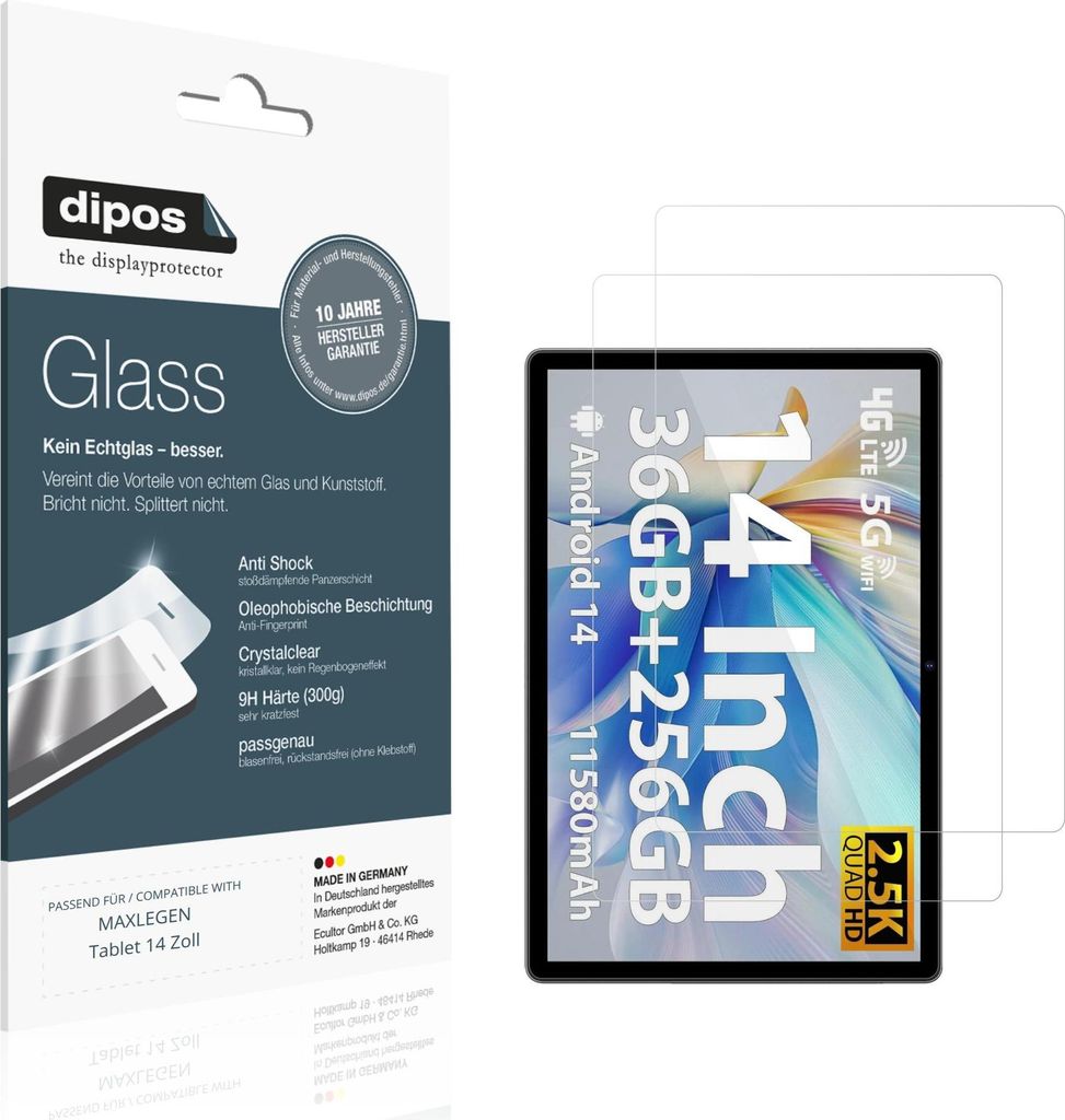 2x Schutzfolie für MAXLEGEN Tablet 14 Zoll - Anti-Shock 9H Folie dipos Glass Kunststoffglas