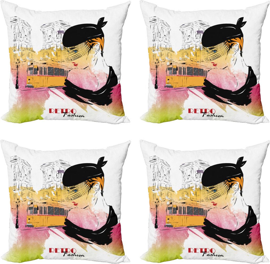 ABAKUHAUS Mode Kissenbezug Set (4 Stück), Retro Dame Sketch Kunst, Moderner Doppelseitiger Digitaldruck, 50 cm x 50 cm, Orange Schwarz Rosa