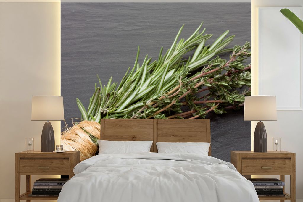 MuchoWow Fototapete für Wohnzimmer oder Schlafzimmer Wandtapete Vinyl Motivtapete Thymian - Kräuter - Grün - Tisch - Küche - Stein - 300x300 ...