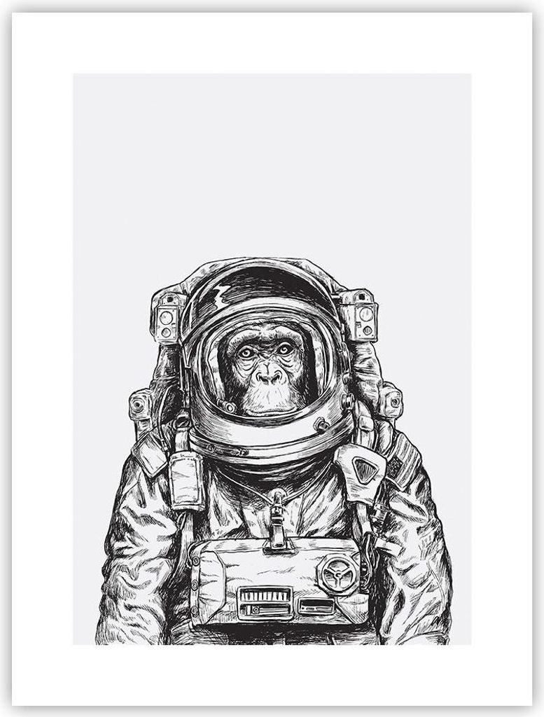 Poster - Poster ohne Rahmen - Schimpanse Astronaut Zeichnung - 30x40 cm - Wand Bild - Wanddeko - Wandbilder - Kunstposter - Wandposter - Bilder - K...