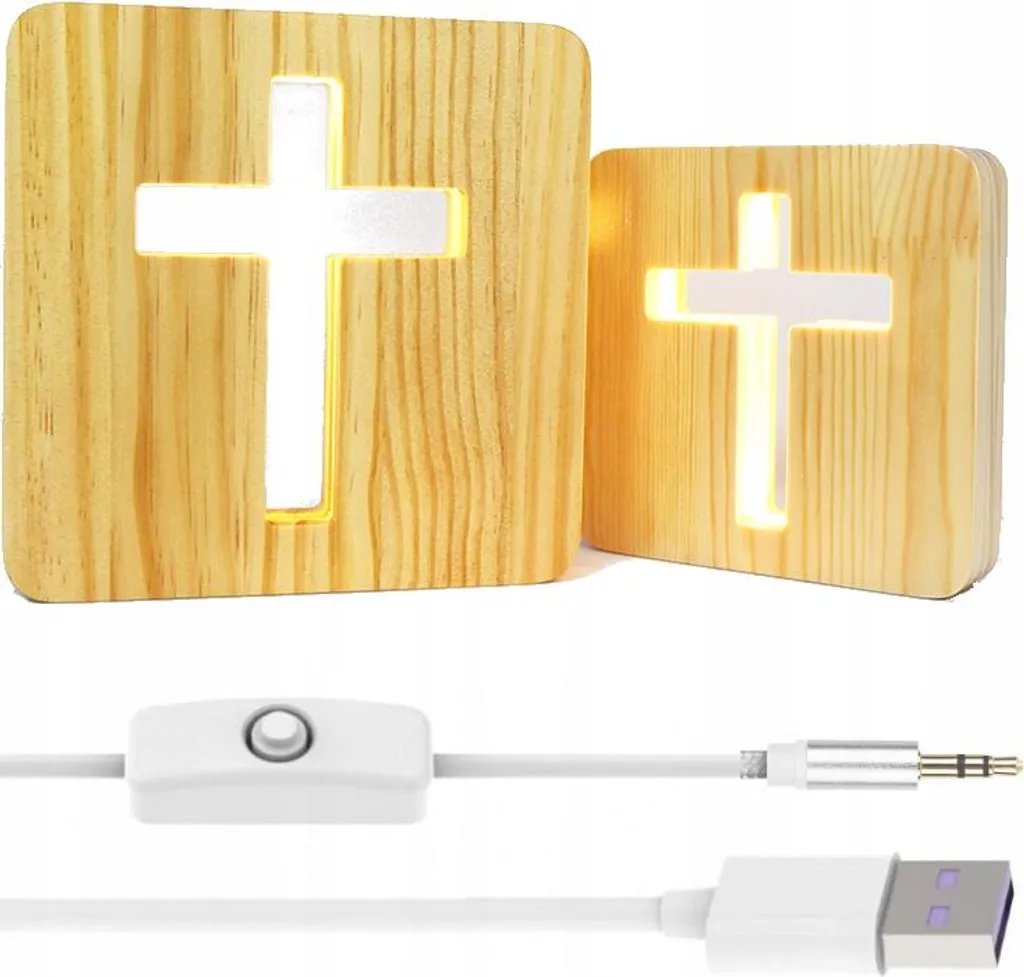 Lampe LED 3D en Bois Croix de Religion avec Interrupteur Design Unique